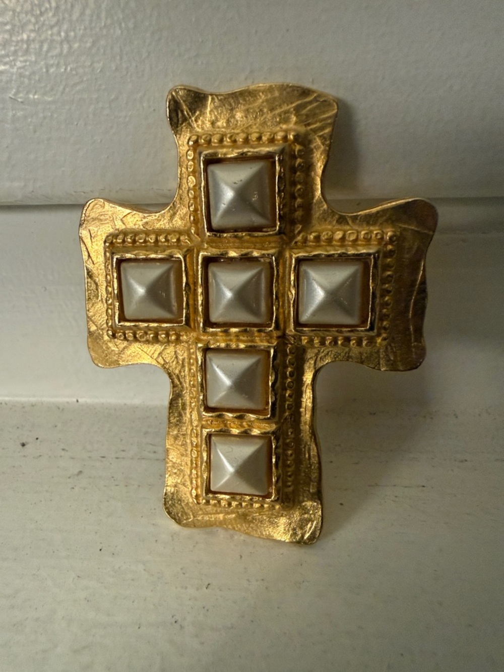 Vintage Edoard Ramboud Gold Cross with Pearl Studs - signed! 3”